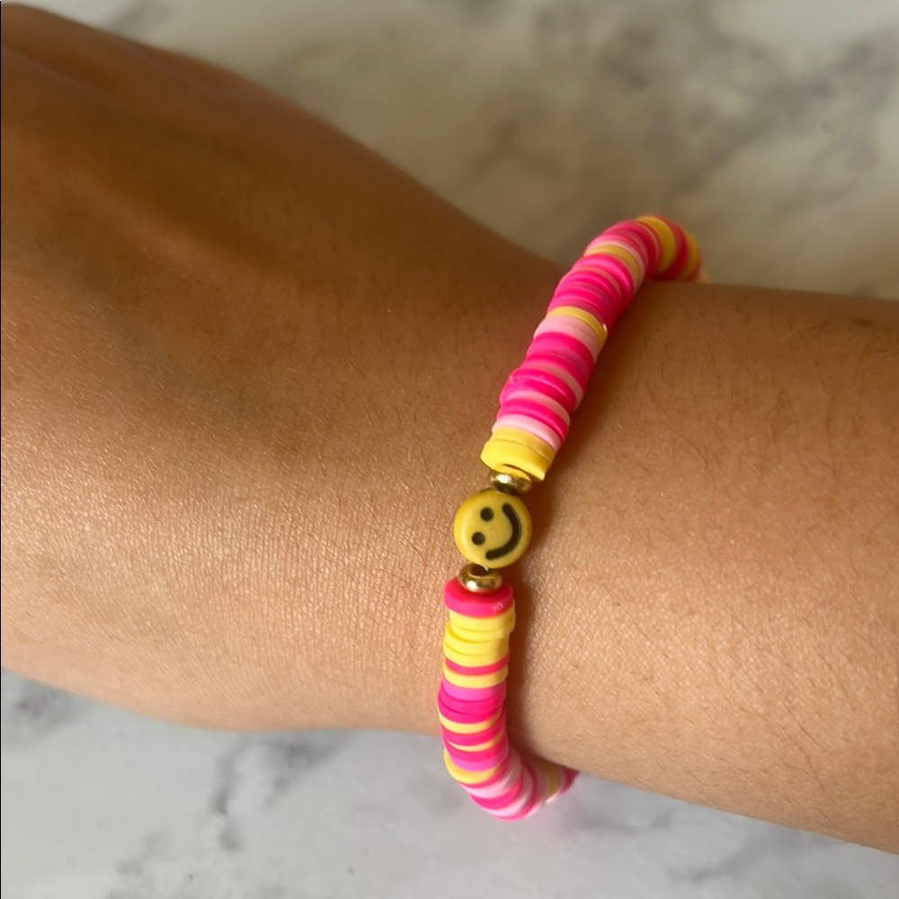 Pink and Yellow Beaded Bracelet with Smiley Charm